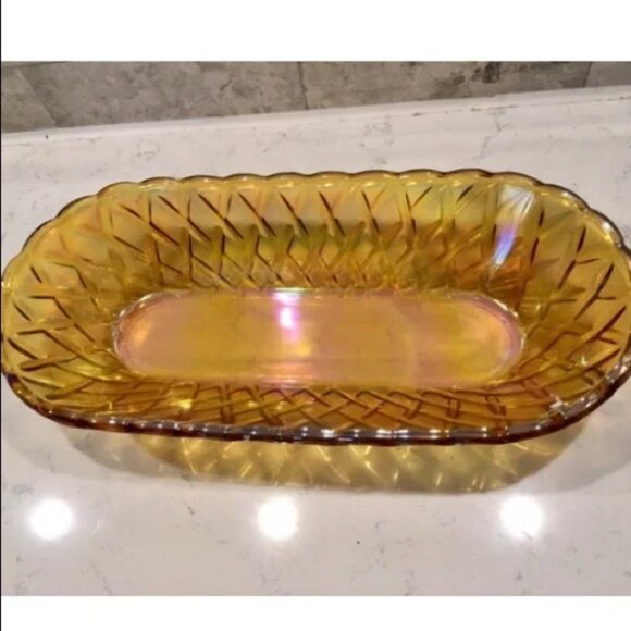 1970s "Indiana Glass Co" Iridescent Oval Basketweave Carnival Glass Dish - Picture 6 of 6